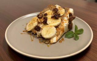 Banana Cake with Caramel and Pecan Topping